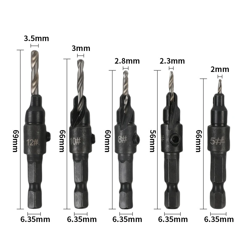 

5PCS Woodworking Hexagonal Handle Hole Opener Countersunk Drill Bit Screw Cap Chamfering And Drilling Integrated Tool for Wood