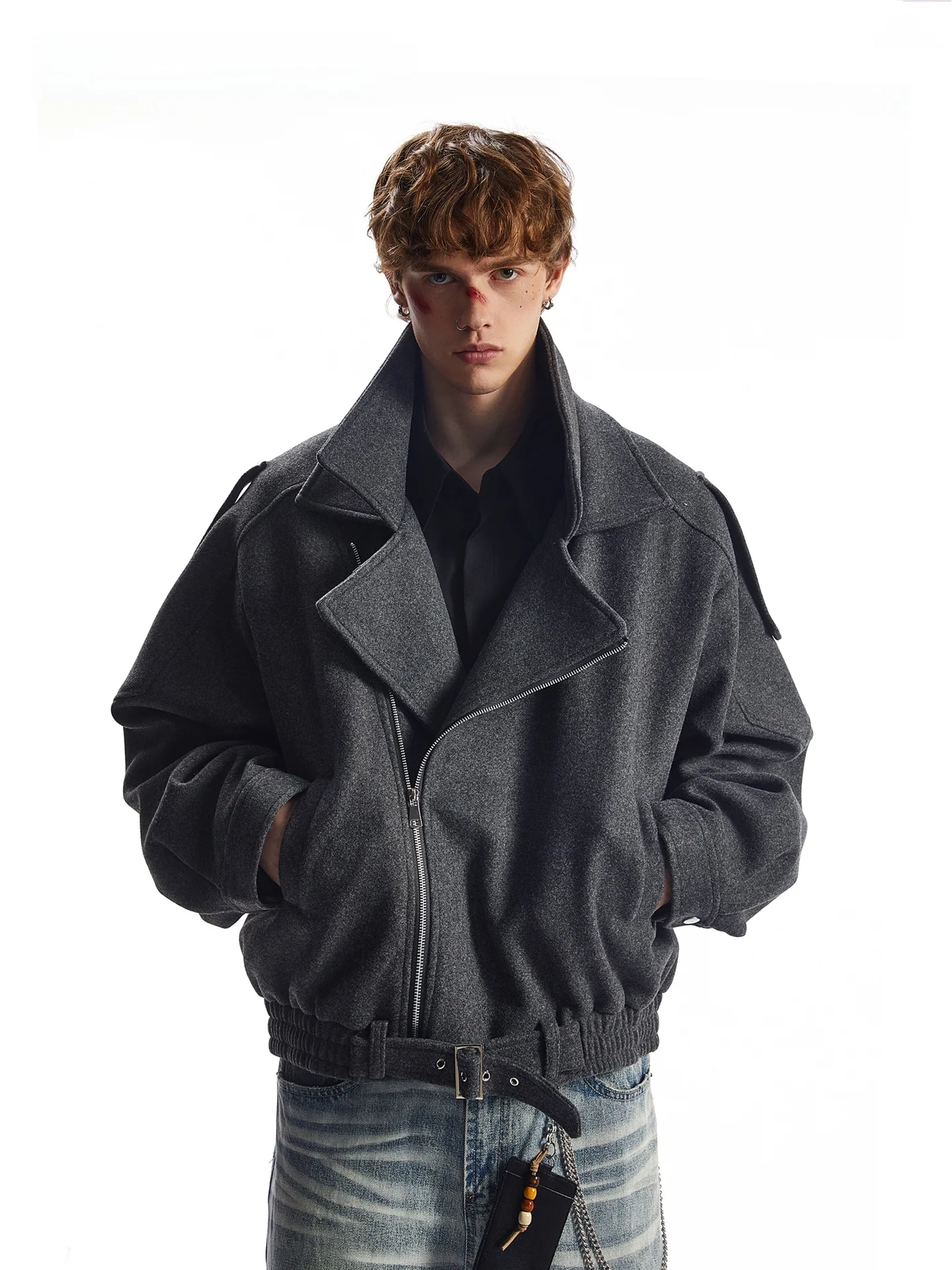 SDMADE American Retro Deconstructed Woolen Jacket Loose Silhouette Short Collarless Coat for Men And Women Casual Style