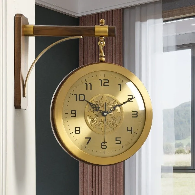 Vintage European Wall Clocks Double‑Sided Luxury  Rotatable Creative Brass Engraved Wall Clock Bedroom Living Room Home Deco
