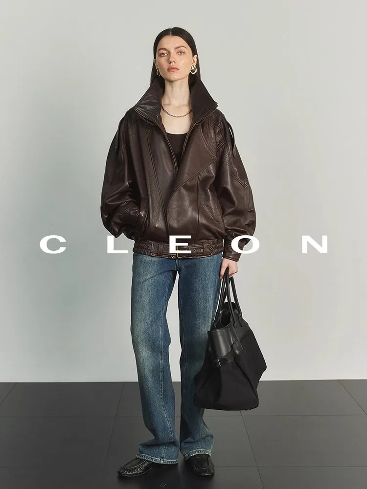 Lautaro Autumn Brown Oversized Pu Leather Moto & Biker Jacket Women  Long Sleeve Zippper High Quality American Retro Clothing