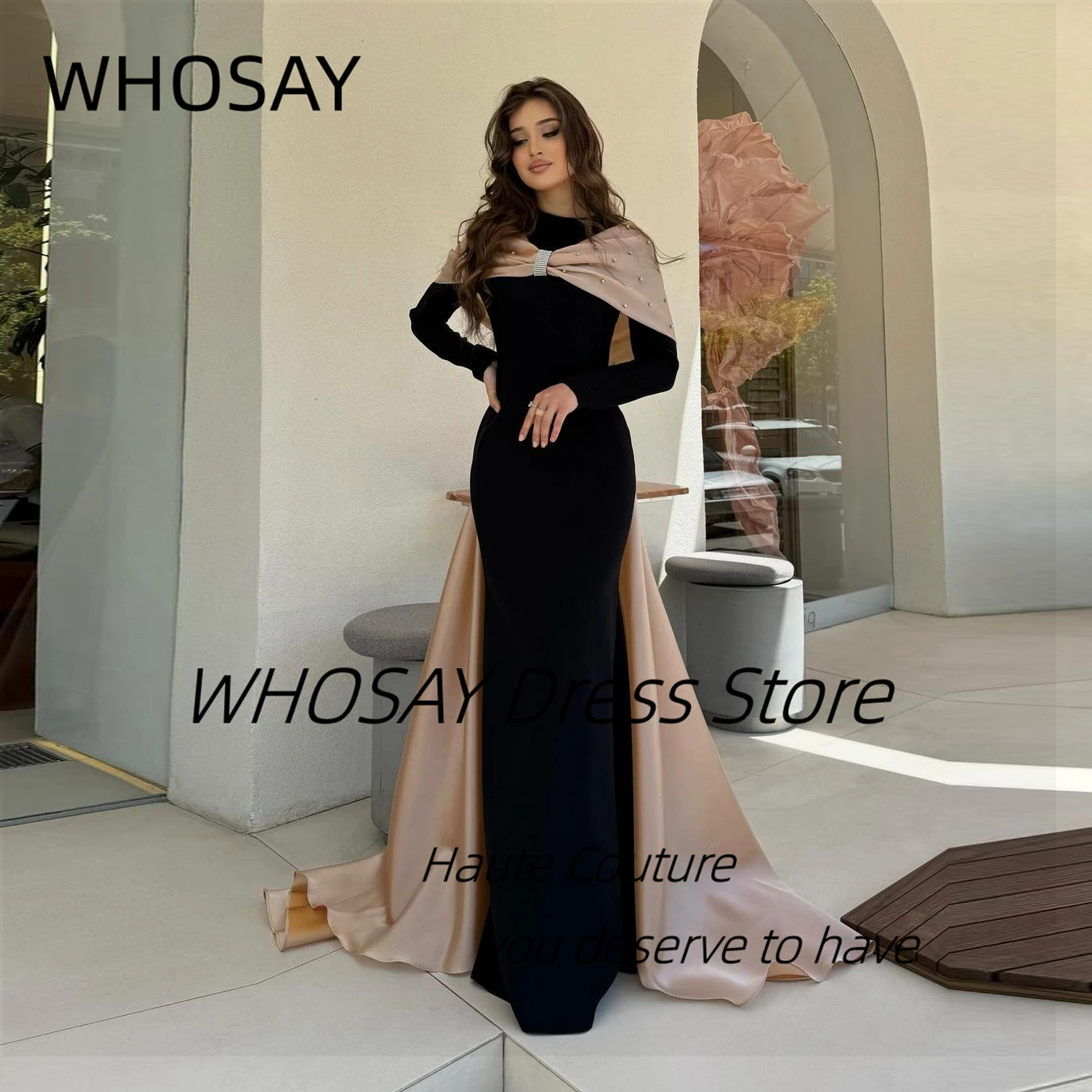 

WHOSAY Floor Length Black Evening Dresses Beaded Contrast Color Shawls Customized Women Wear Long Sleeves Prom Dress
