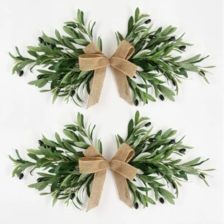 

24 Handmade Artificial Olive Swag 2PC for front door, wedding arch, mantle farmhouse: realistic greenery with natural burlap bo