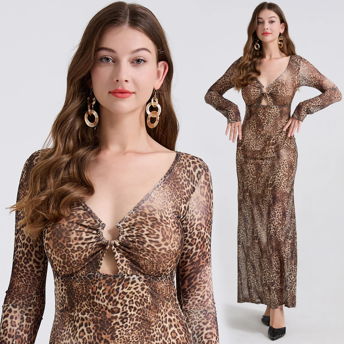 

Sexy leopard print hollowed out slim fit high waisted long sleeved dress with hip hugging design