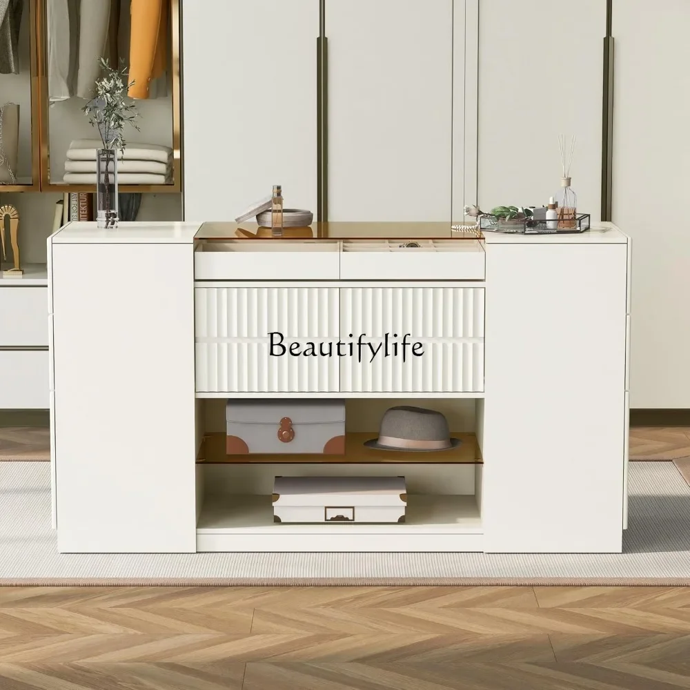 

yj21 Modern Luxury Island Vanity Dresser, Multi-Functional Vanity Table with 6 Drawers and Open Shelves, Glass Tabletop, Display