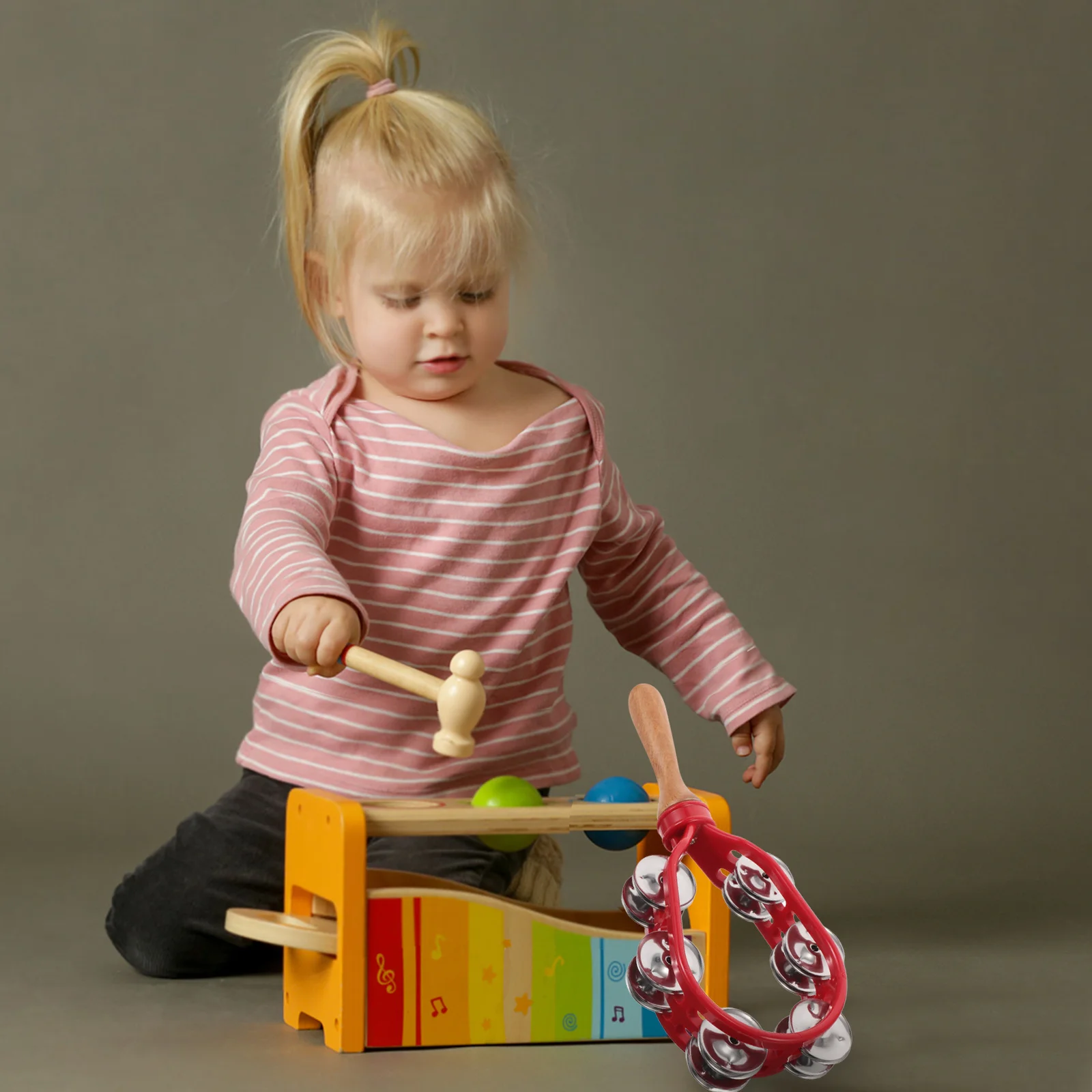 

Red Gourd Shaped Handheld Bell Shaker For Kids Wooden Handle Musical Instrument Toddler Rattle Baby Kids Sleigh Bells