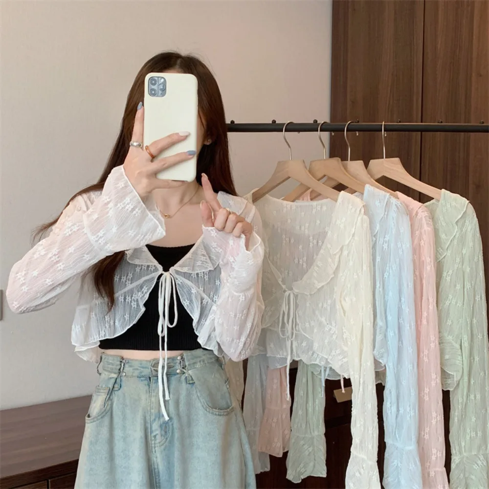 

Floral Flower Thin Sunscreen Cardigan Top Ruffled Edge See Through Knitted Long Sleeves Sunscreen Top Sun Protection Shawl