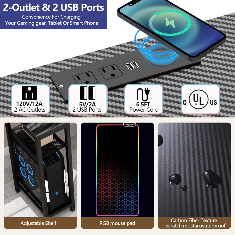 Computer Desk with Power Outlet & Led Light, 63" Large Wing-Shaped Gaming Desk with Full Monitor Stand, Wireless Charging, RGB