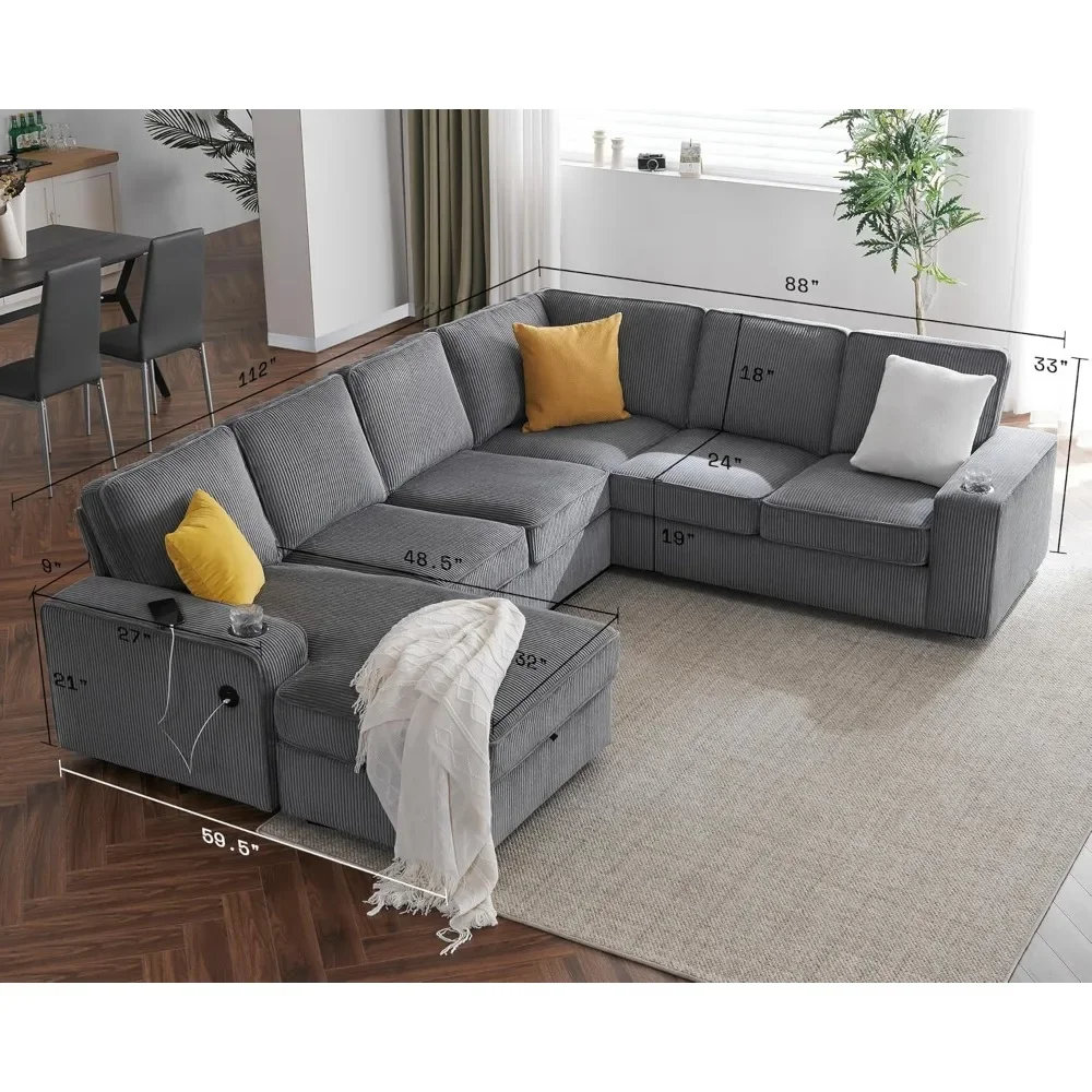 Oversized Sofa, 112 Inch U Shaped Sofa with USB Ports,with Storage Chaise, Corduroy,Sectional Couch