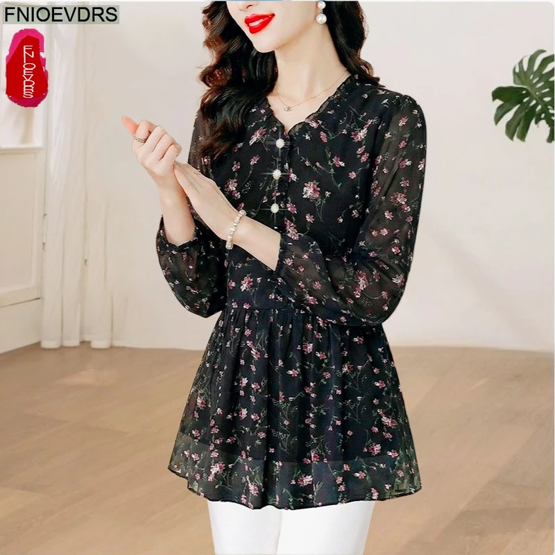 Loose Clothes French Design Peplum Top Women Elegant Office Lady Basic Shirts Retro Vintage Floral Black Chiffon Tops Blouses