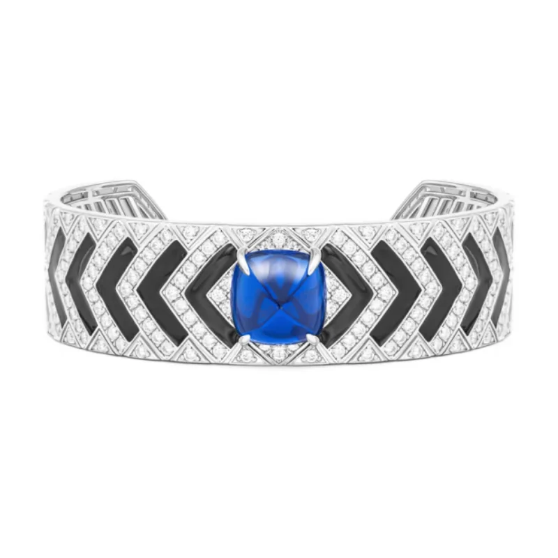 

BELLUX 925 Silver Synthetic Zircon Modern Fashion Bangle Black Enamel Blue Sugar Loaf Cut Sapphire Bracelet