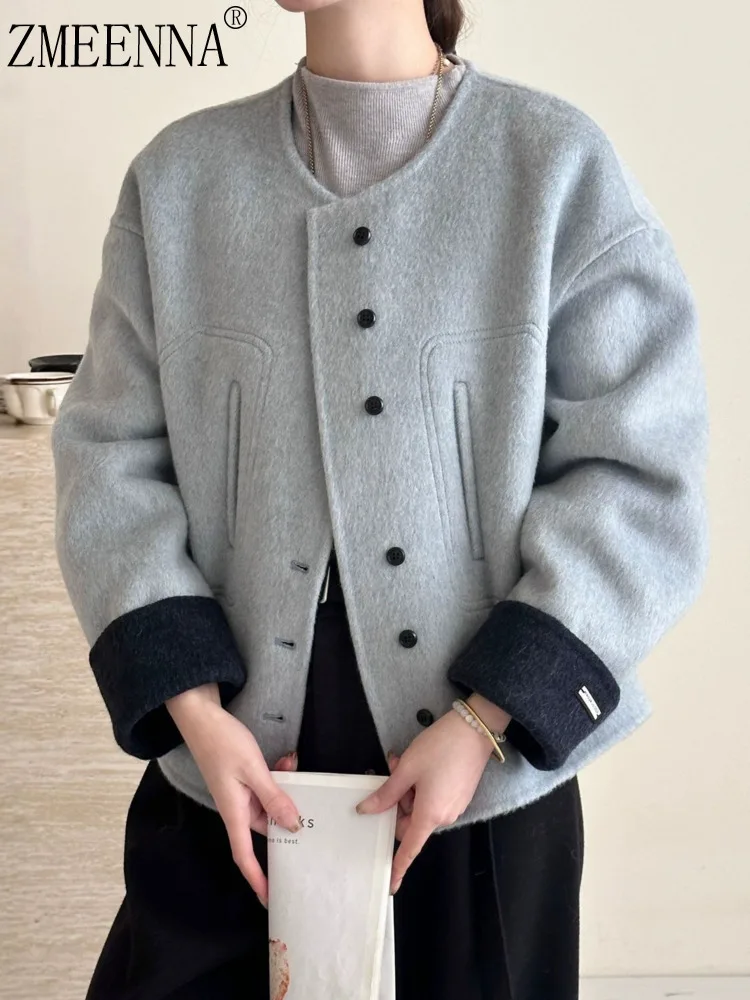 

ZMEENNA женская синяя полушерстяная короткая куртка с круглым вырезом и пуговицами с длинными рукавами, повседневная элегантная осенняя верхняя одежда ZM4565