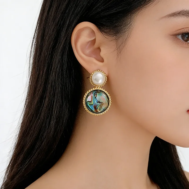 Retro Perlen-Ohrstecker Grün Bemalte Ölfarben Bunte Abalone-Muschel Hängeohrringe 2026 Neues Design Schmuck Ungewöhnliche Accessoires für Frauen – Detail 12
