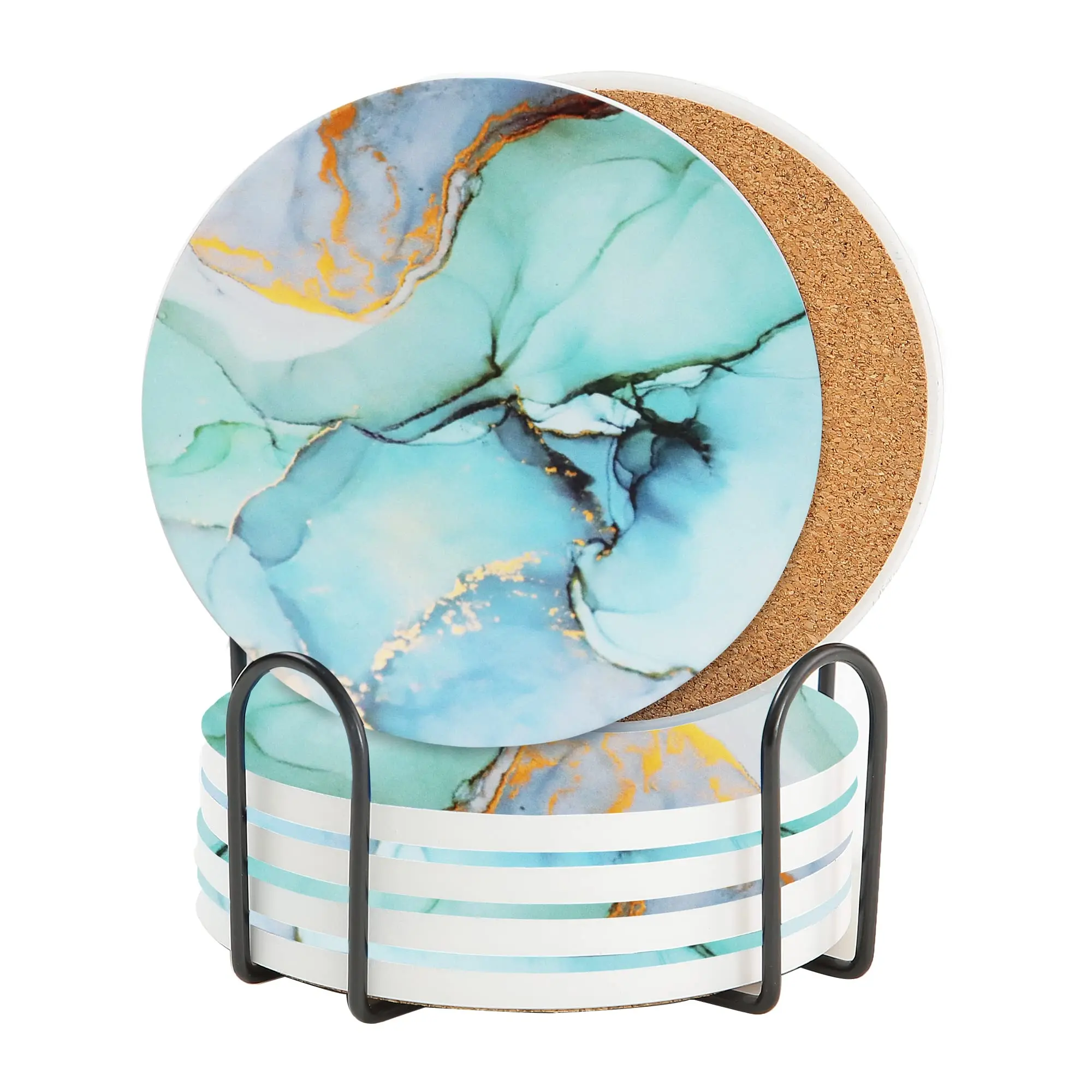 Marble Coasters for Drinks, Agate Coaster Large Ceramic Absorbent with Holder,Suitable for Kinds of Cups-4 inch, Set of 6