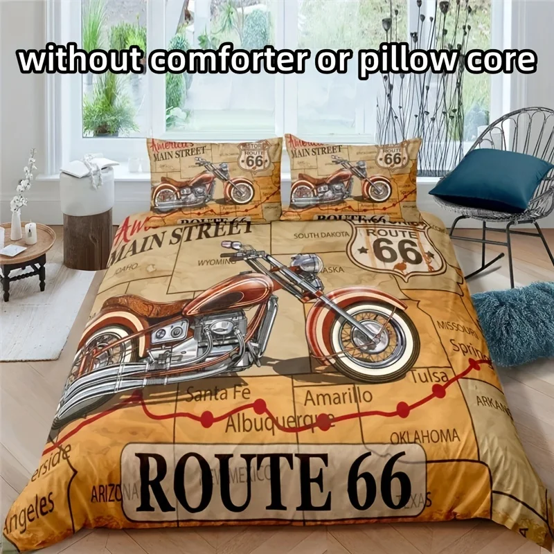 

3 шт., винтажный автомобильный комплект пододеяльников с принтом Route 66, американское ретро мотоциклетное постельное белье с наволочками для спальни, гостевой комнаты