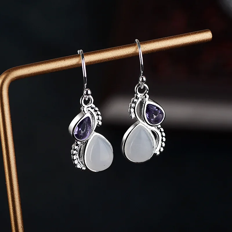 New Arrival 925 Sterling Silver Women s Vintage Drop Earrings Inlaid with Amethyst Waterdrop and Colorful Moonstone Chic Jewelry