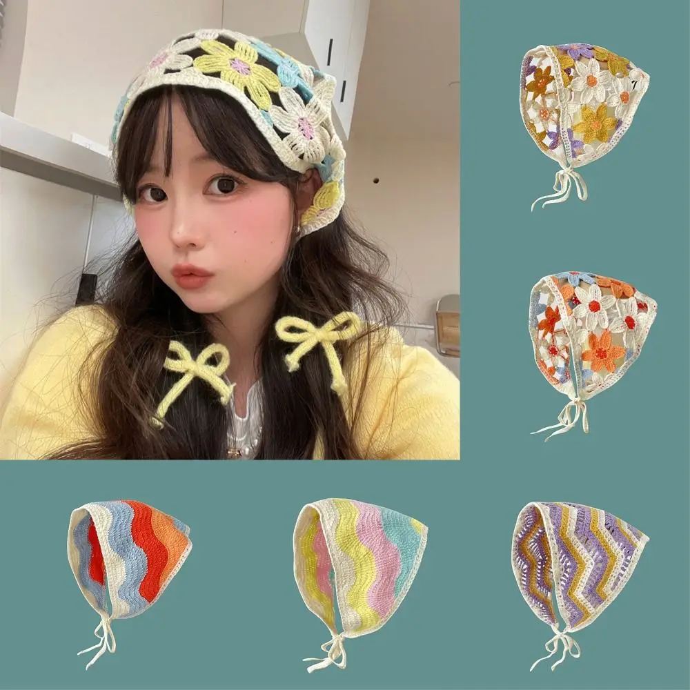 Sweet French Pastoral Style Triangle Headband Handmade Crochet Knitted Headscarf Hat Little Flower Headband Towel Girls