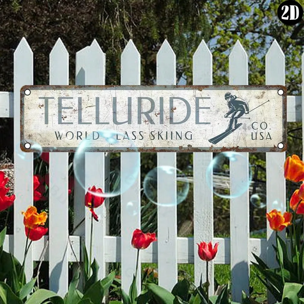 Tellturide - Letrero de aluminio para esquiar - Placa de metal vintage de 4 x 16 pulgadas, resistente a la intemperie, multiusos para decoración de pared del hogar/garaje/cafetería/bar