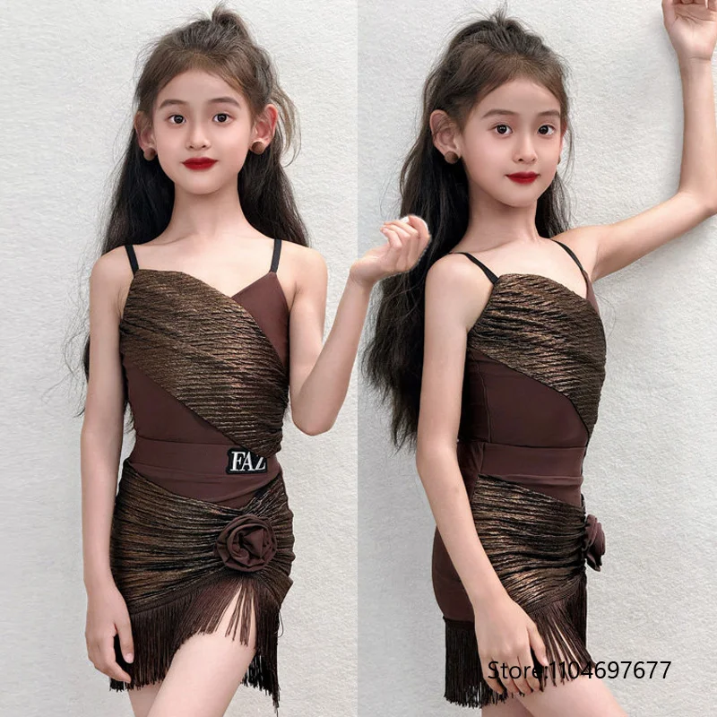 

Girls Latin Dancewear Practice Strape Bodysuit and Tassel Skirts Rumba Competition Costume Standard Ballroom Dancewear