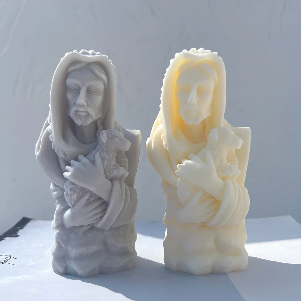 Greek Mythology Home Decor Jesus Christ Holding Lamb Statue Silicone Mold Unique Bust Sculpture Soy Wax Candle Mould