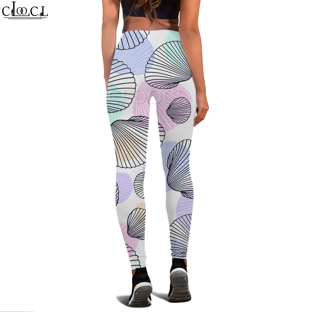 CLOOCL Legging Wanita Kasual Celana Panjang Jogging Push-Up Olahraga Legging Elastisitas Pinggang Tinggi Motif 3D Pola Kerang Warna-warni