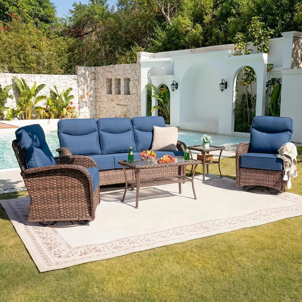 6-Piece High-Back Outdoor Patio Furniture Set with Swivel Rocker Chairs, Weather-Resistant Wicker, Brown/Blue