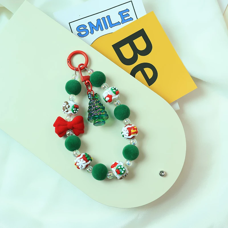 Christmas Beads Phone Chain Keychain Christmas Tree Flocked Bowknot Charm Anti-lost Wrist Strap Bracelet Bag Decor