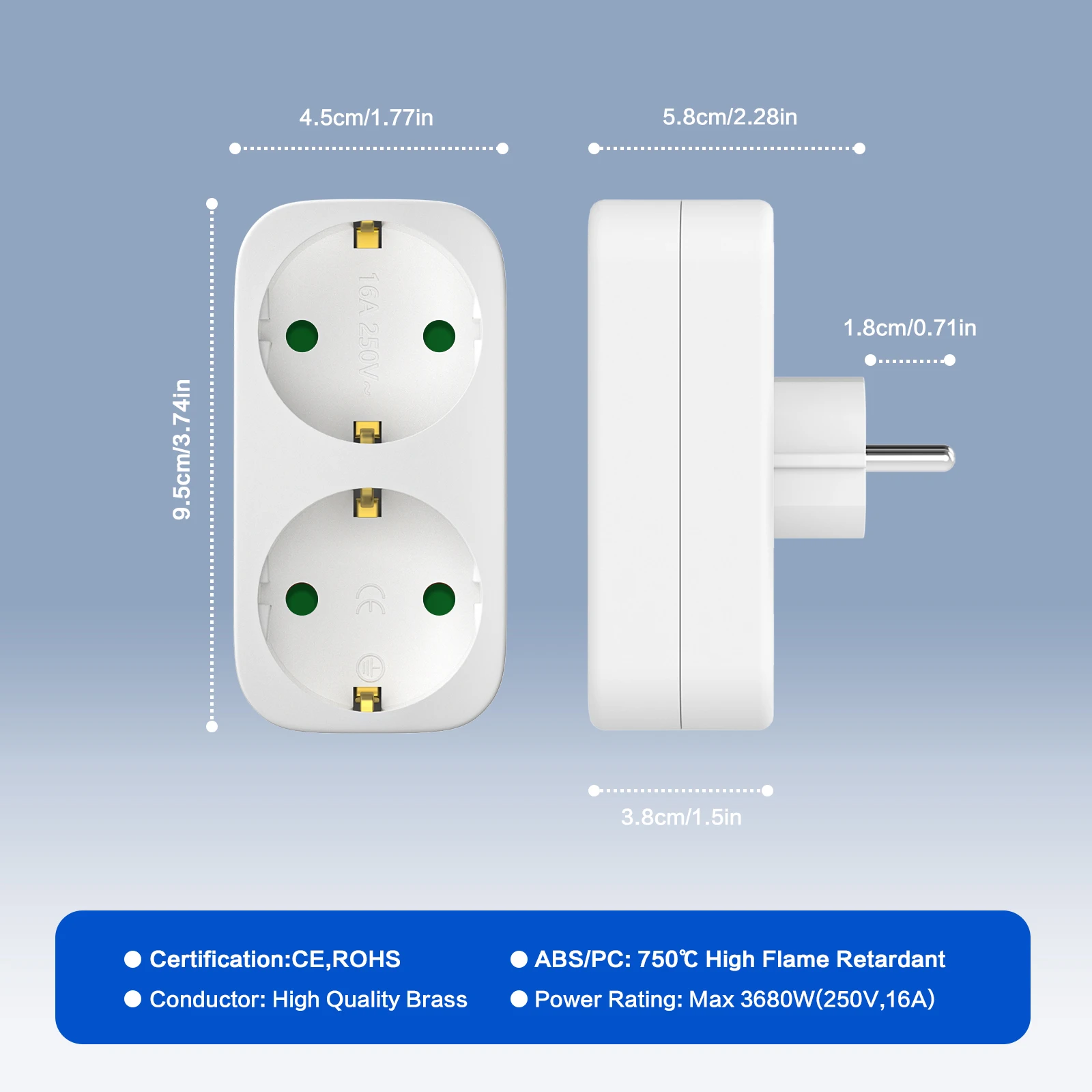 Alemanha Plug Converter para Uso Doméstico, Adaptador de Viagem, Europa Converter, 1 a 2 Way Socket, 3680W, 16A, 250V, 3Pcs