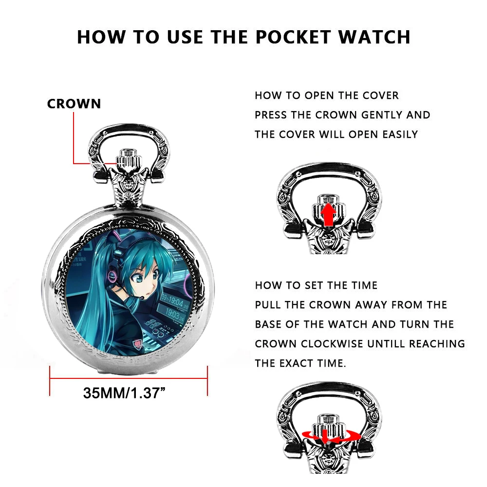 Hatsune Miku Design Glass Dome Quartz Pocket Watch With Durable Chain Arabic Numeral Dial For Men And Women Creative Gifts