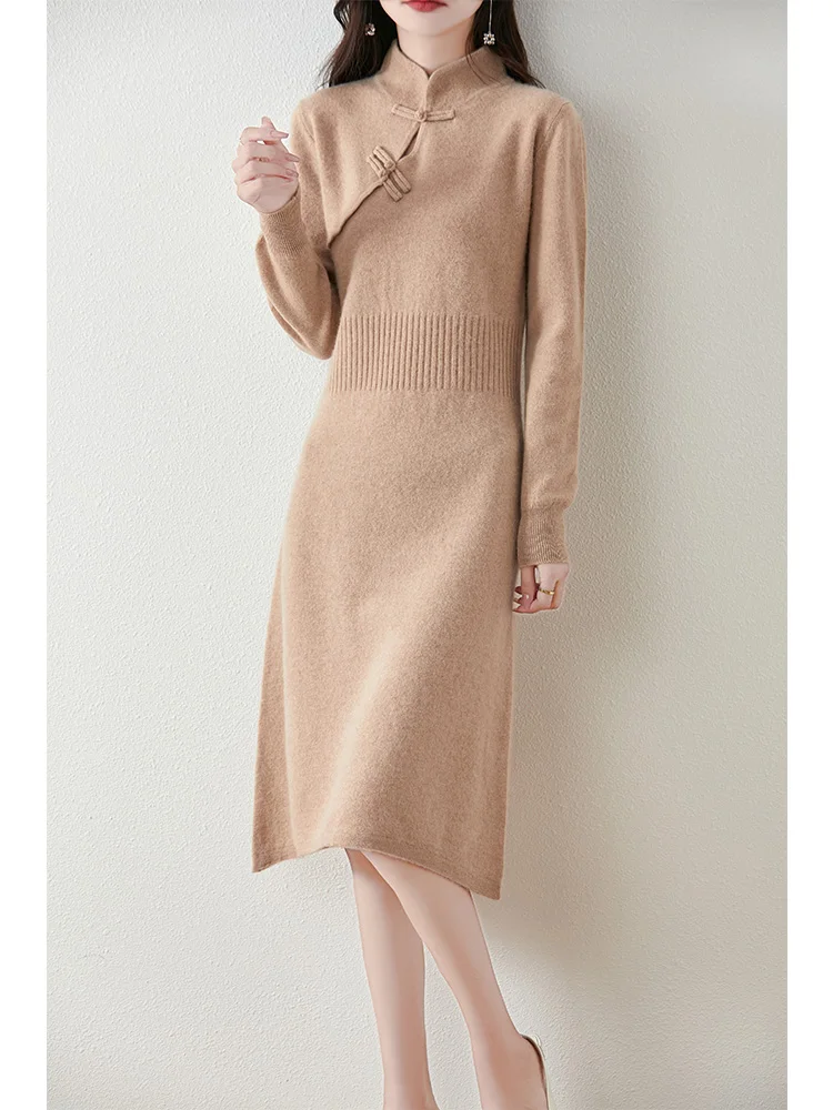 

Women's Pure Wool Knitted Long Dress, Waisted, Buttoned, Slim, Elegant, Casual, Fashionable, Sweater, 2024 Autumn/Winter