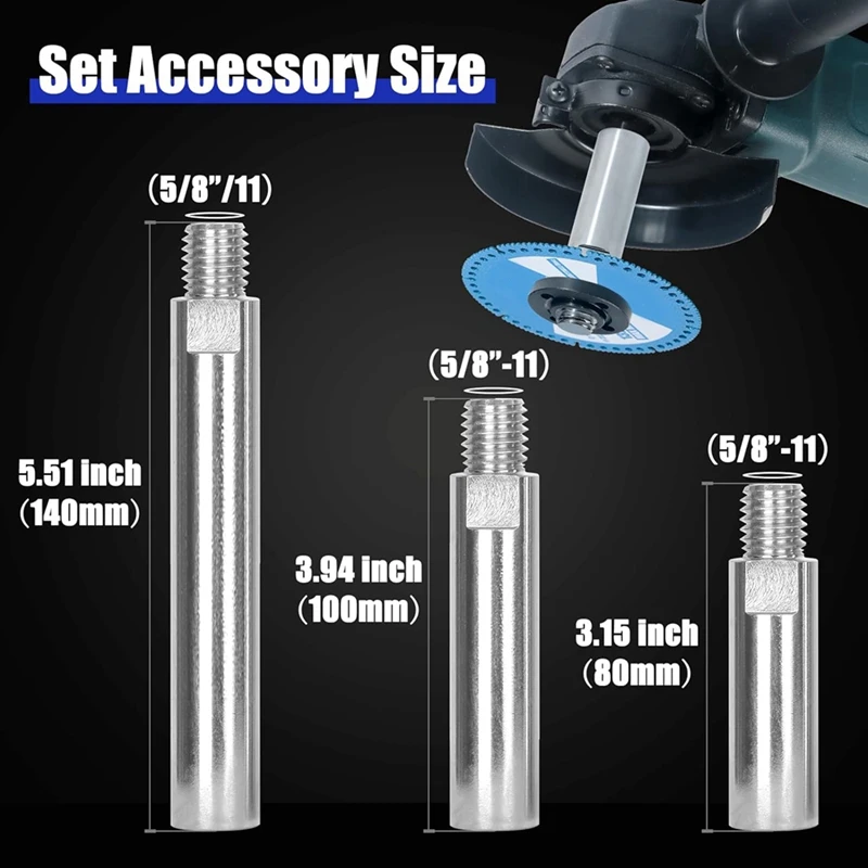 Angle Grinder Extension Shaft Connecting Rod, Angle Grinder Attachments With 5/8Inch-11 Threads, 3, 4 & 5.5 Inch