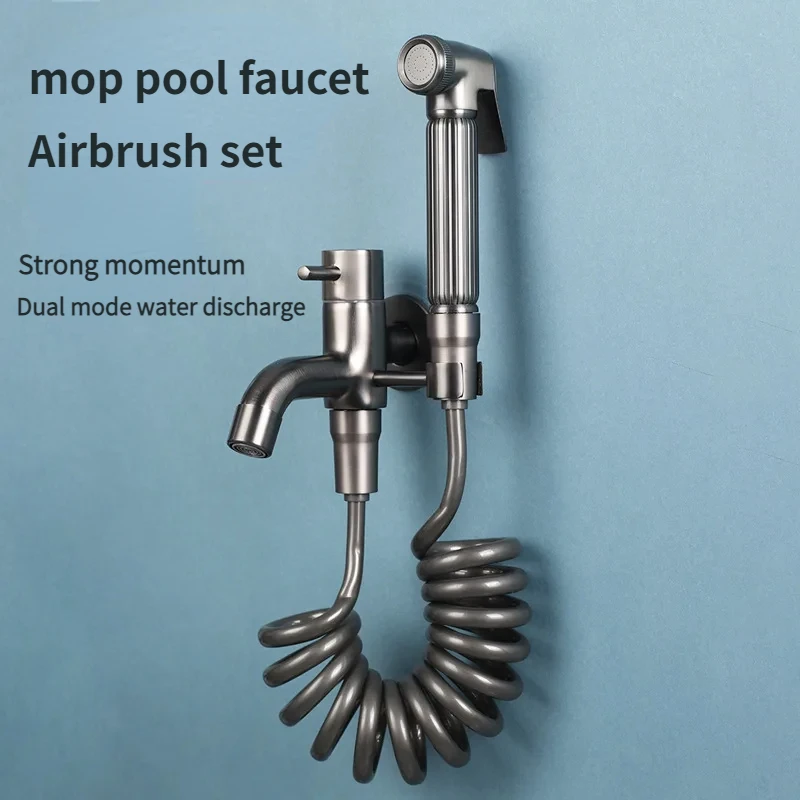 Toilet Mop Tap com Suporte Suporte e Mangueira de Primavera Pulverizador Preto Terno de Parede Chuveiro Bidé Mangueira de Pvc Acessórios do Banheiro