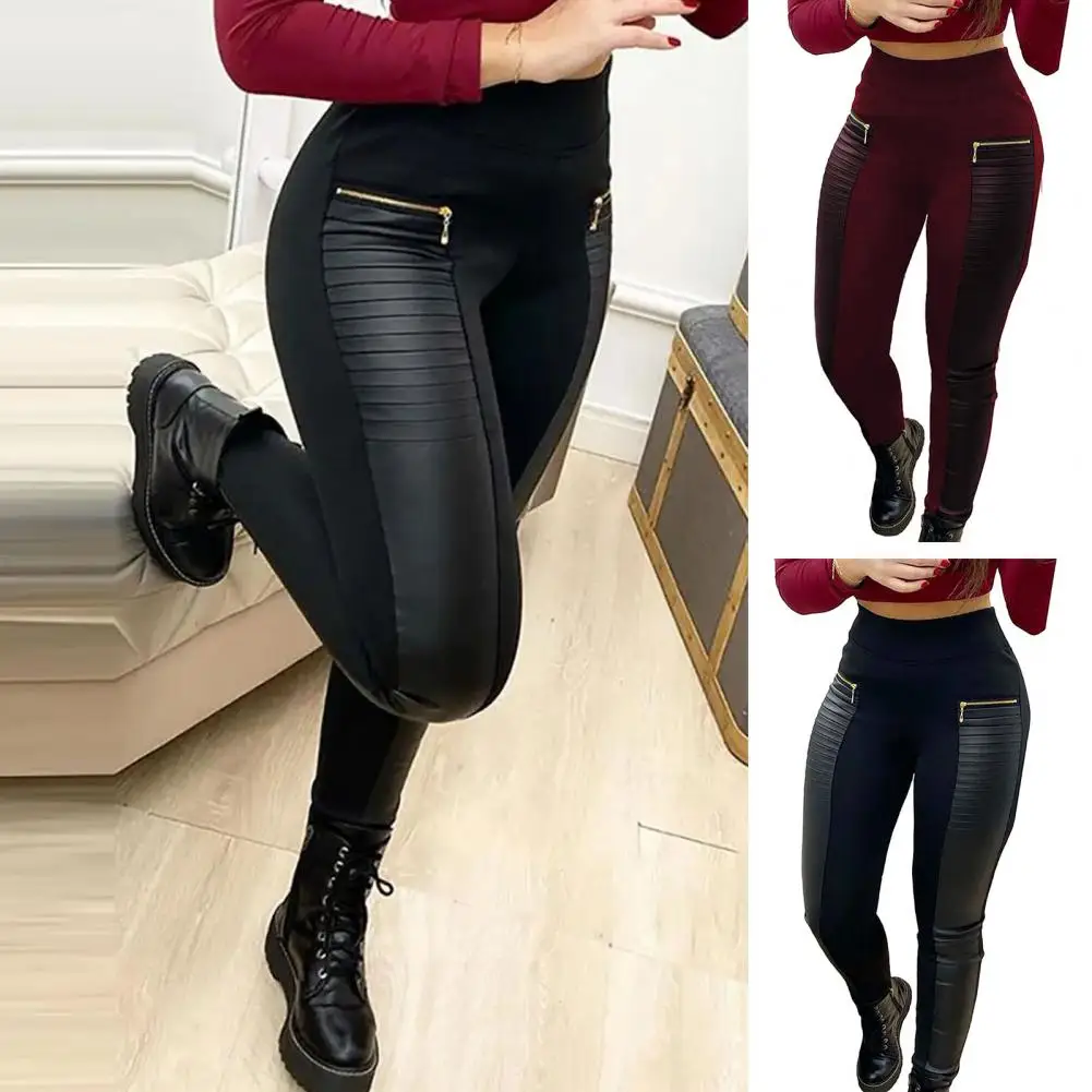 

Women Pants Stylish Faux Leather Women's Pants Zipper Decor Patchwork Color Matching Slim Fit Mid Waist Casual Butt-lifted