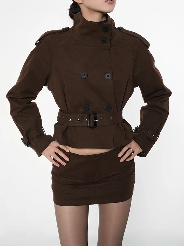 

OstatniMol25FW Темно-коричневый модный комплект: пальто и куртка с воротником-стойкой, длинными рукавами, двубортное, для повседневной носки