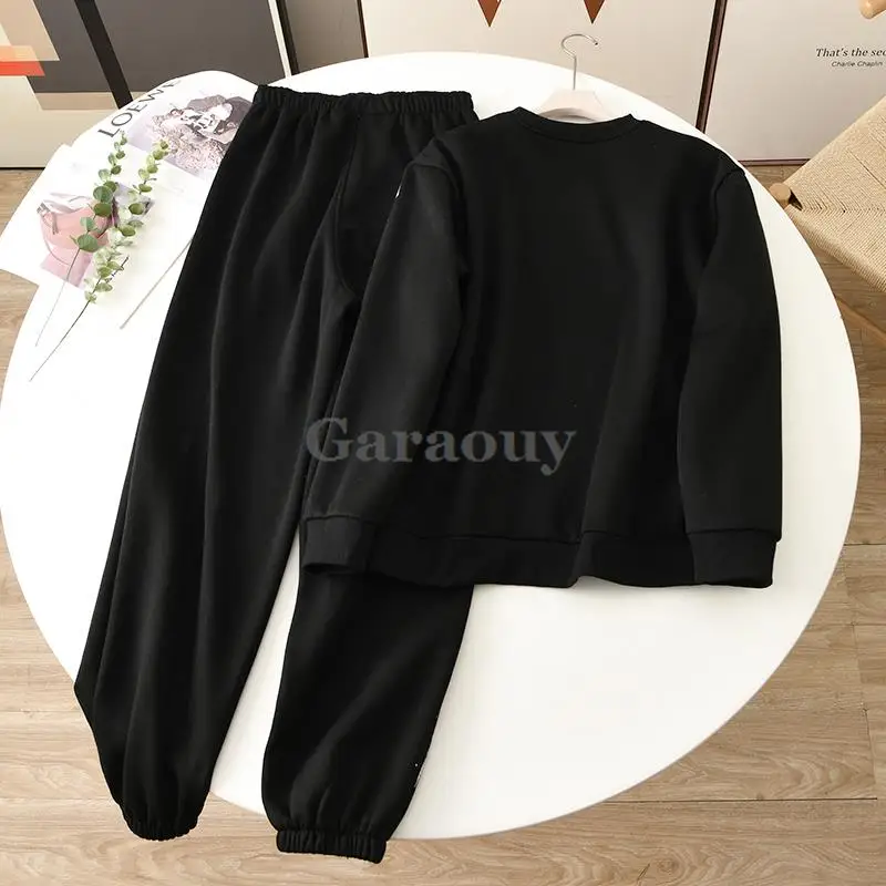 Garaouy 2024 Spring Women O Neck Long Sleeve Irregular Foil Sweatshirt+Elastic High Waist Sweatpants Female Loose Tracksuit Set