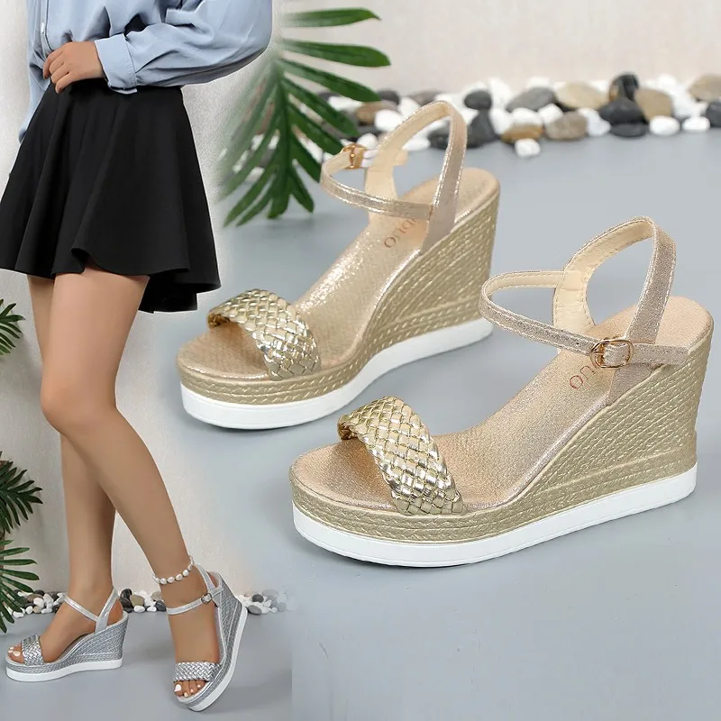 Women Summer Wedge Heel Sandals Platform Sandals Strap Open Toe Chunky Bottom Casual Shoes 2024 gold silver pink sandals 10cm