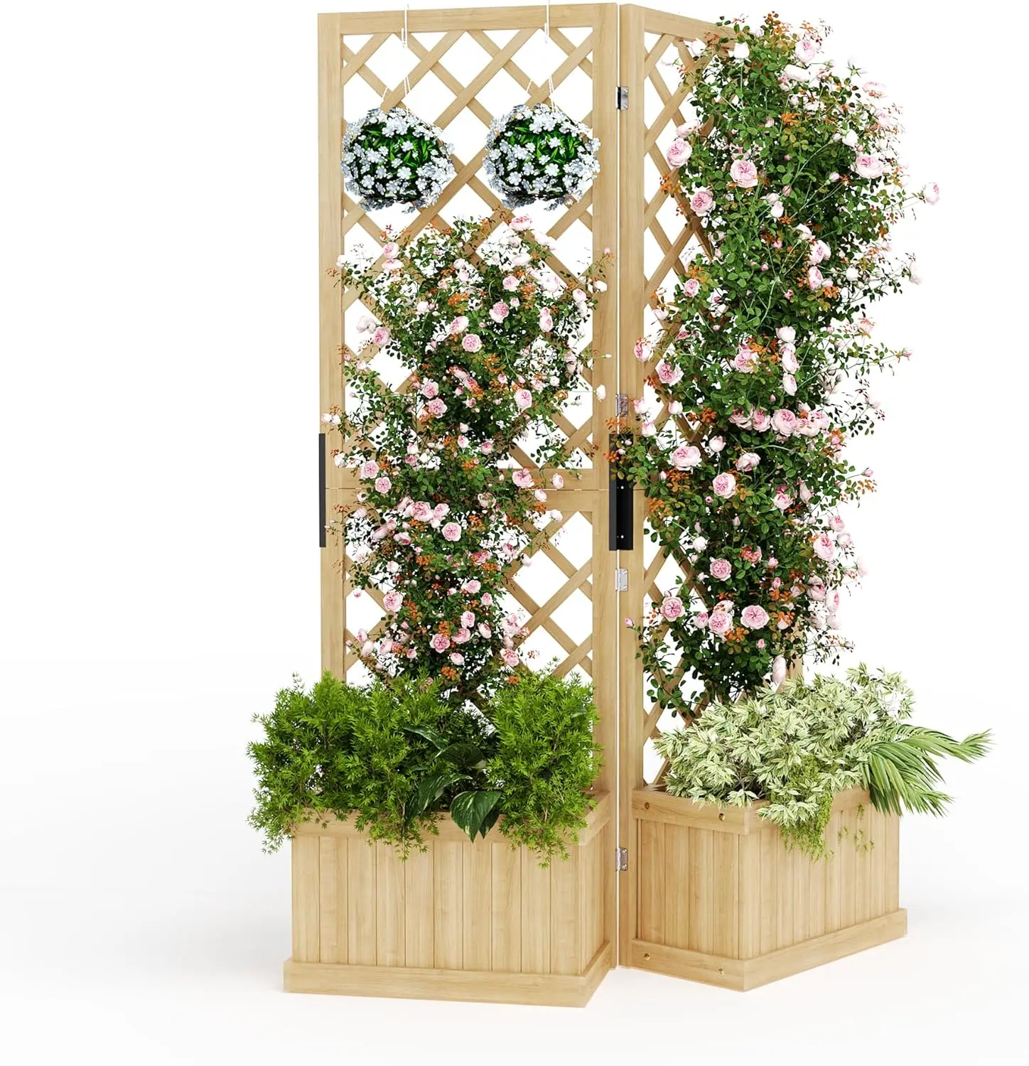 

Cedar Privacy Screen with Planter Box - 41"x10"x65"Garden Fence Panel,2 Hinged Freestanding with Drain Holes, Natural Wo