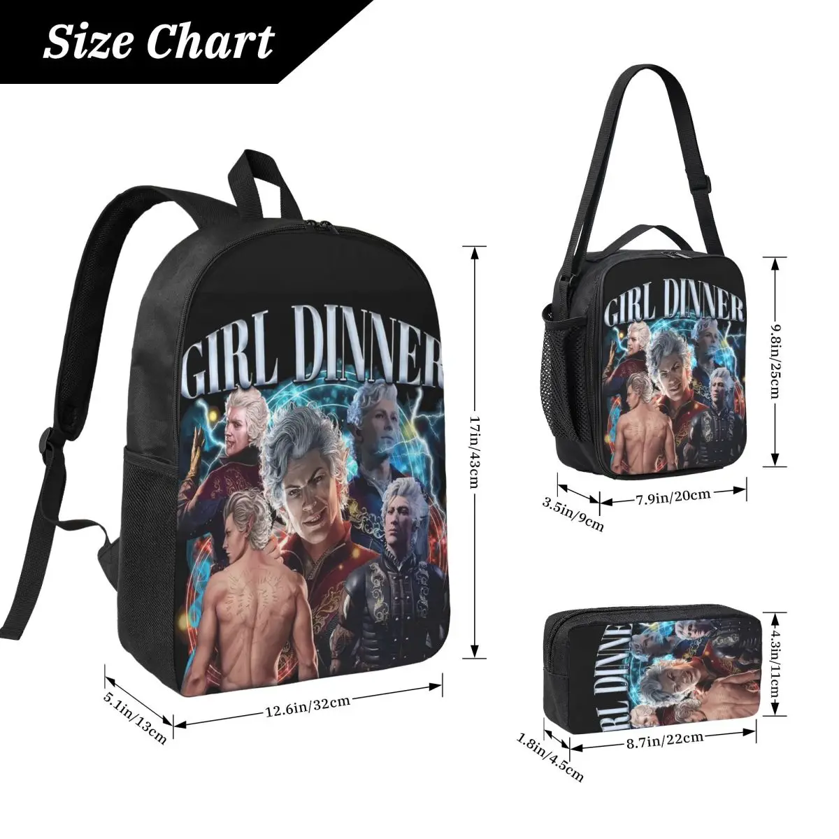 Astarion Girl Dinner Backpack Student Boys Girls BookBag School Bag Computer Shoulder Bags 3ps Insulated Lunch Bag Pencil Case