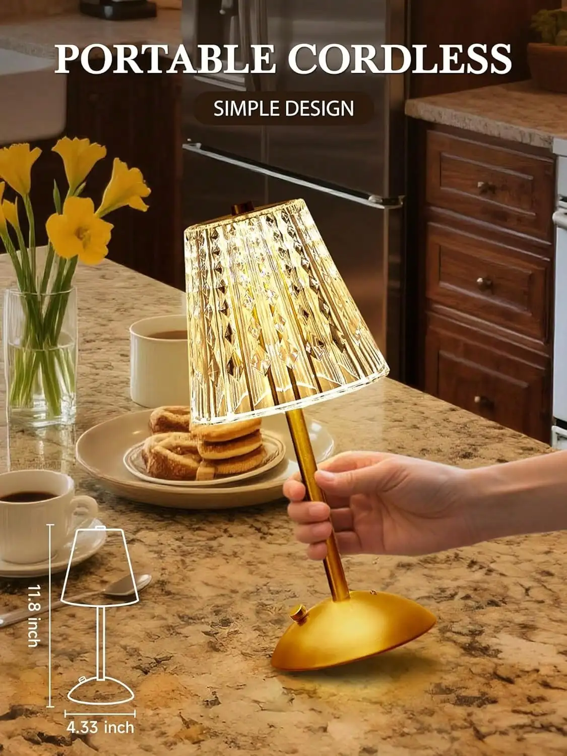 Cordless Gold Rechargeable LED Table Lamp, USB Charging Portable Brass Lamp with Built-In Dimmer, Indoor & Outdoor Light for Dining Room, Christmas & New Year Decor Gifts