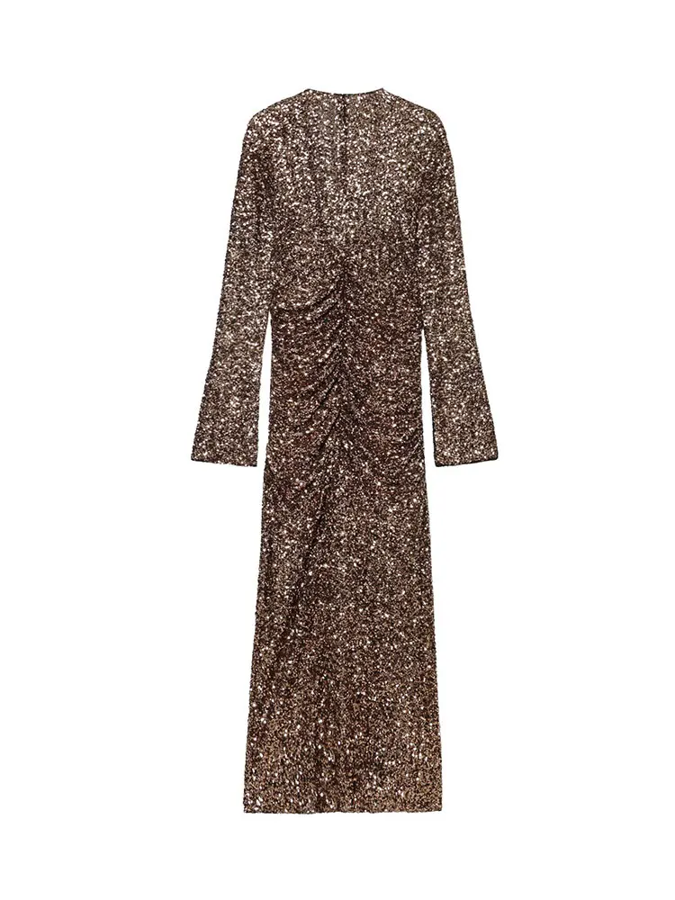 NLZGMSJ 2026 春 スパンコール セクシー パーティー ロングドレス レディース Vネック 長袖 スリム プリーツ ハイ スリット ドレス レディース イブニングドレス