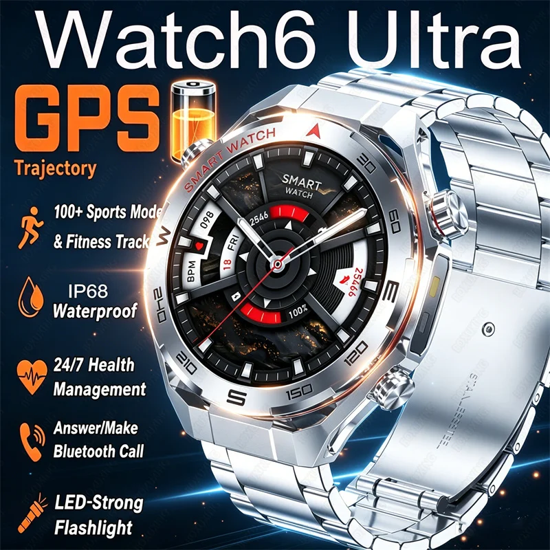 

New Watch6 UItra GPS Outdoor Smart Watch Men LED Flashlight Heart Rate Bluetooth Call IP68 Waterproof Altimeter Sport Smartwatch