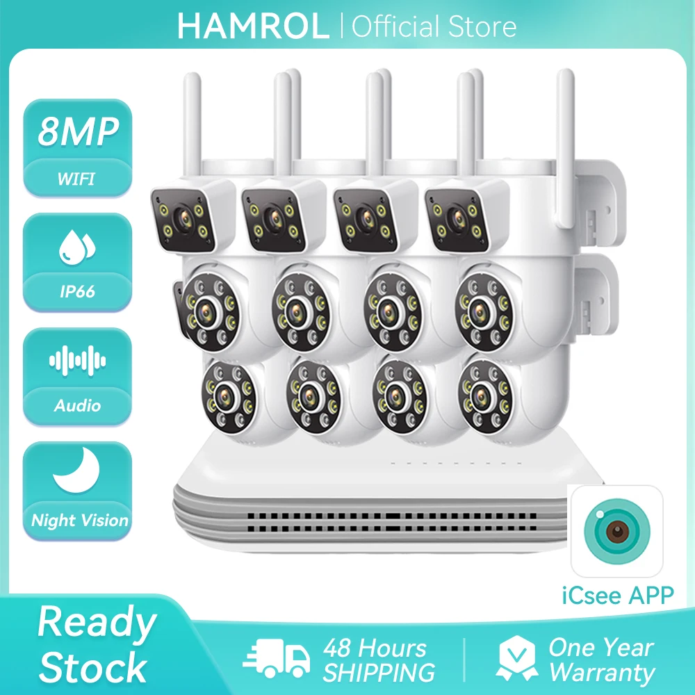 8MP 4K Wireless CCTV System Two Way Audio IP66 Waterproof PTZ WiFi Security IP Camera 8CH NVR P2P Surveillance Kit iCSee App