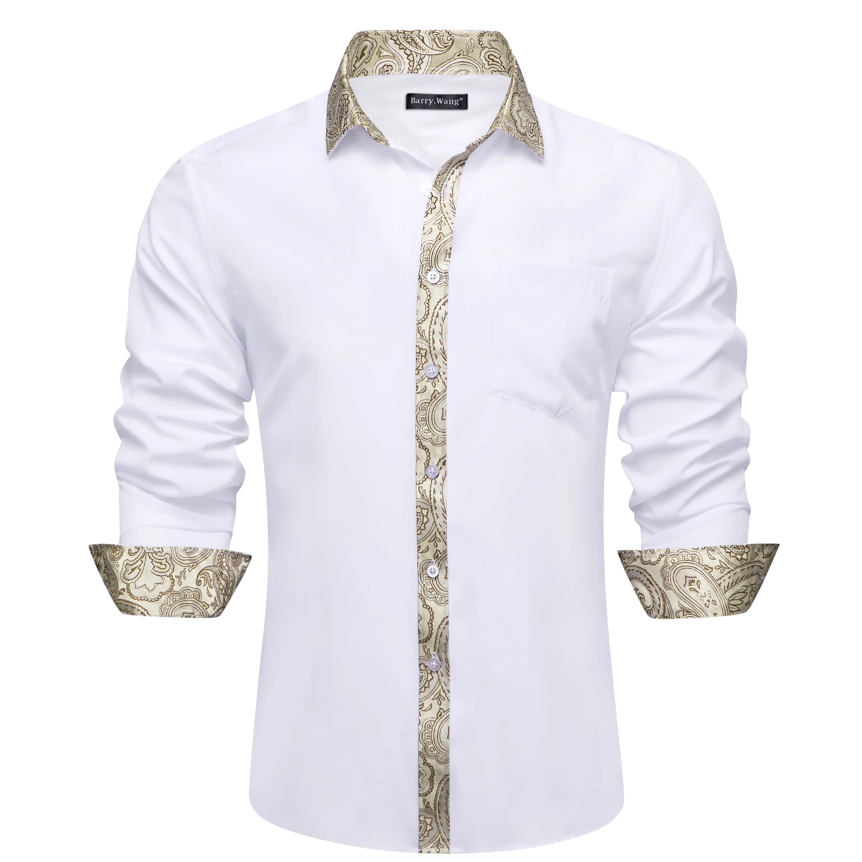 Camisas de lujo de seda para hombres, blusas masculinas de manga larga, blanco, marrón, parche de Cachemira sólido, ajuste Delgado, cuello vuelto