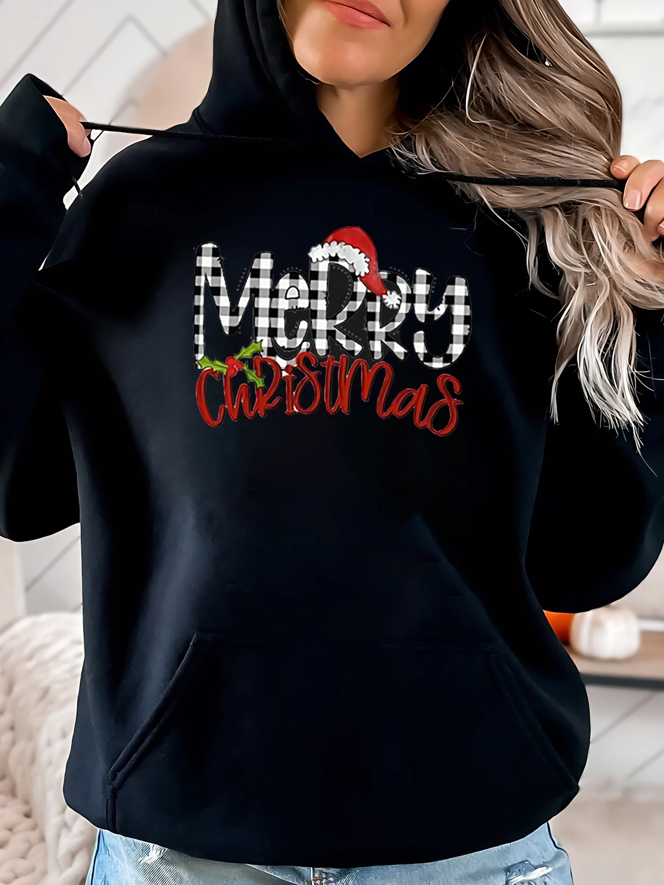 

С Рождеством клетчатая и красная толстовка с текстовым принтом Праздничная женская повседневная одежда черного цвета больших размеров