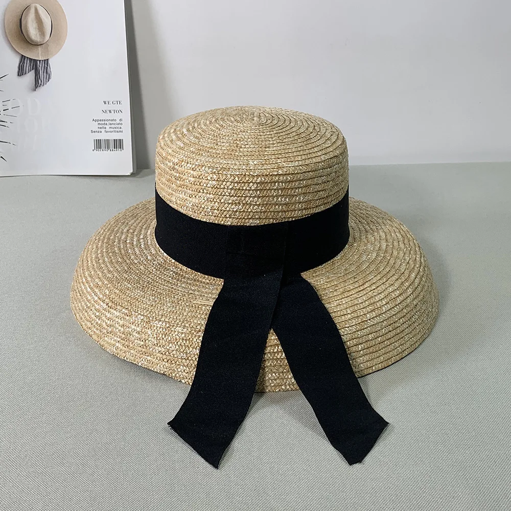 Women\'s summer big soft top hat straw hat with black and white ribbon lace tie m wide brim sun hat UV protection beach hat cap