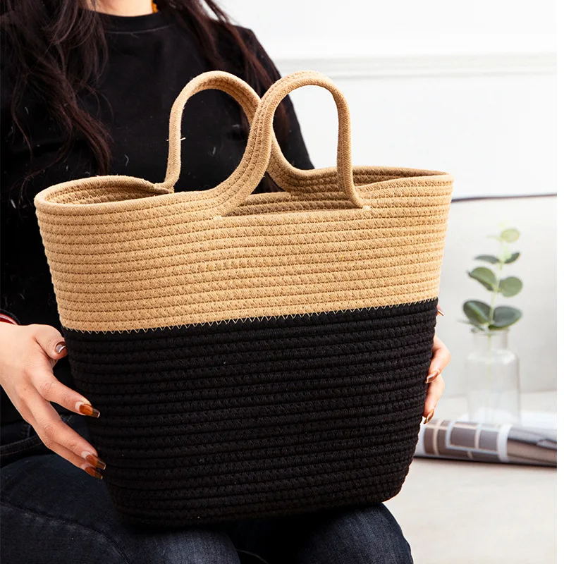 New Fashion Color Matching Hand-held Straw Woven Bag Seaside Holiday Beach Bag Women's Hand-woven Bag Home Storage FU