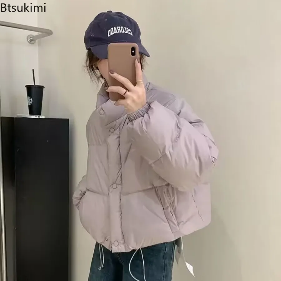 Women Stand-up Collar Short Style Cotton-padded Jacket Autumn Winter Solid Warm Top Female Zipper Long Sleeves Loose Bread Coat