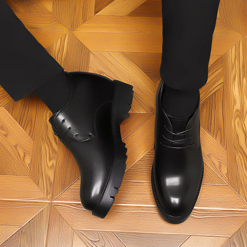 10cm Height Increasing Cowhide Men's Shoes, Fashionable, Casual, Business Office Thick Soled Men's Formal Shoes