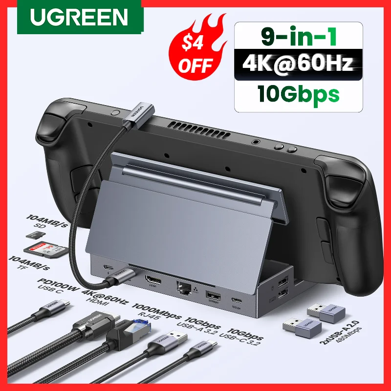 UGREEN Steam Deck Dock 9-in-1 USB C Docking Station 4K60Hz HDMI RJ45 10Gbps for Steam Deck Rog Ally X Legion Go Foldable Stand 