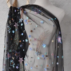 150cm wide Pink/White/Black/Apricot Mesh Embroidered Fabric Sequins Stars Embroidered Curtain/Veil Fabric SC340