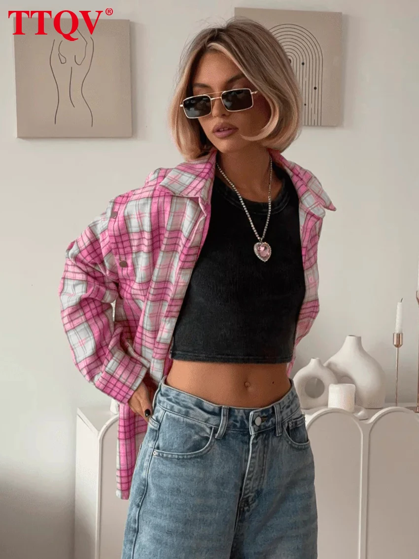 

TTQV Fashion Loose Plaid Cotton Women Blouse 2024 Casual Lapel Long Sleeve Shirts Elegant Classic Ruffle Top Female Clothing